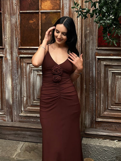 Spaghetti Srap Flower Applique Ruched Maxi Dress