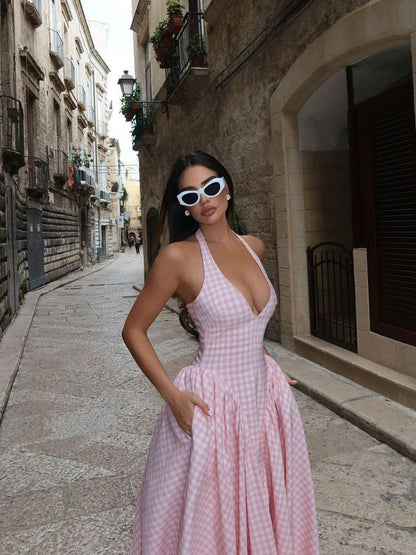 Gingham Print Tied Halterneck Midi Dress