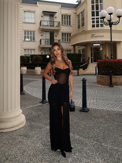 Tied Halterneck Ruched Ruffle Slit Maxi Dress