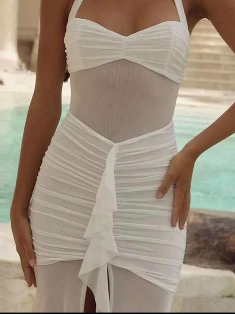 Tied Halterneck Ruched Ruffle Slit Maxi Dress