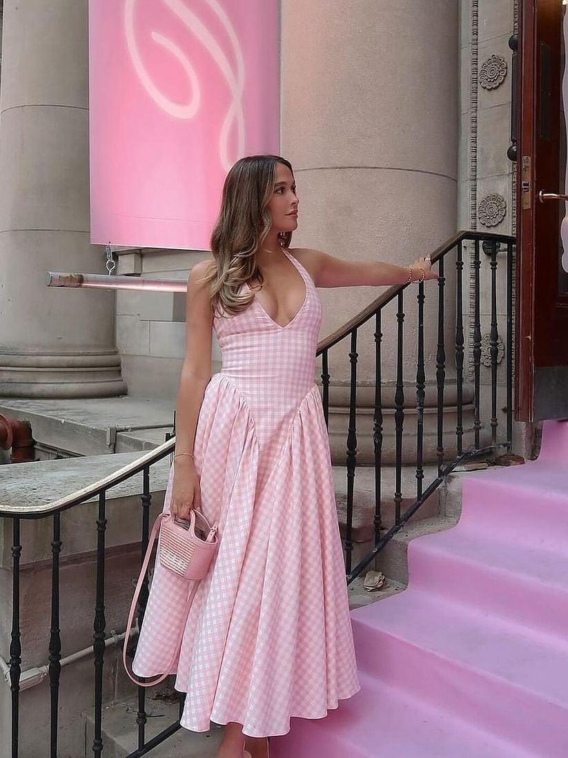 Gingham Print Tied Halterneck Midi Dress