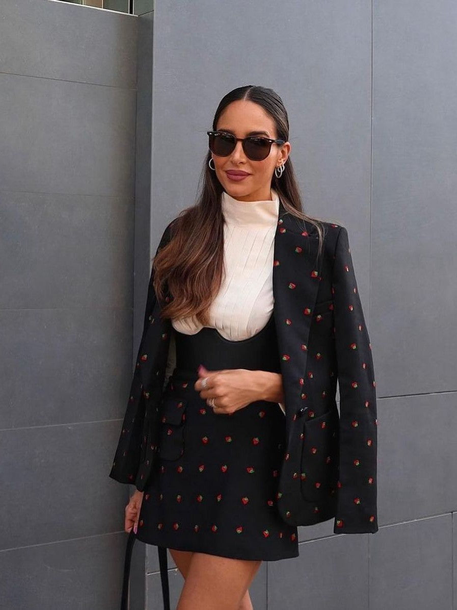 Strawberry Printed Blazer & Short Skirt Coord Set