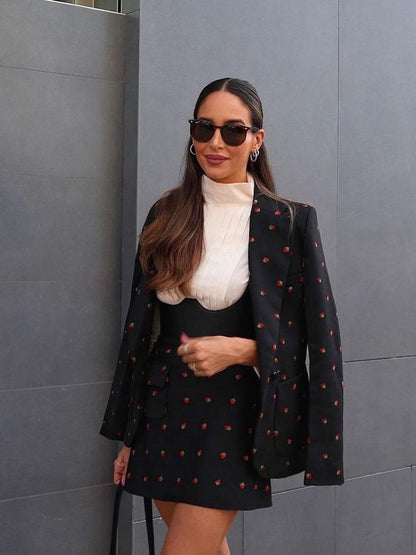 Strawberry Printed Blazer & Short Skirt Coord Set