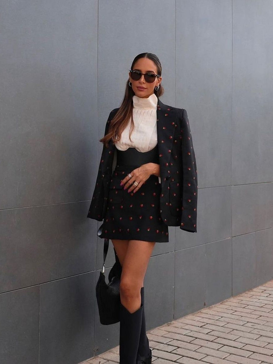 Strawberry Printed Blazer & Short Skirt Coord Set