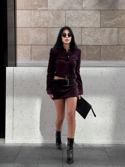 Velvet Jacket & Short Skirt With Belt Coord Set