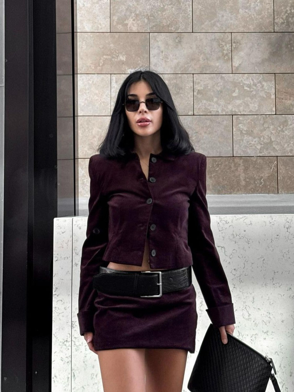 Velvet Jacket & Short Skirt With Belt Coord Set