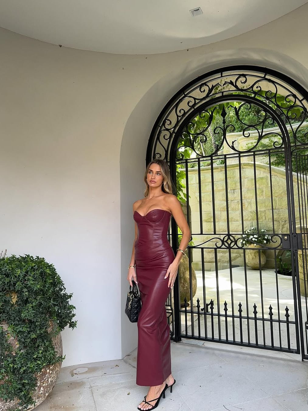 PU Leather Tube Corset Back Lace-up Slit Midi Dress