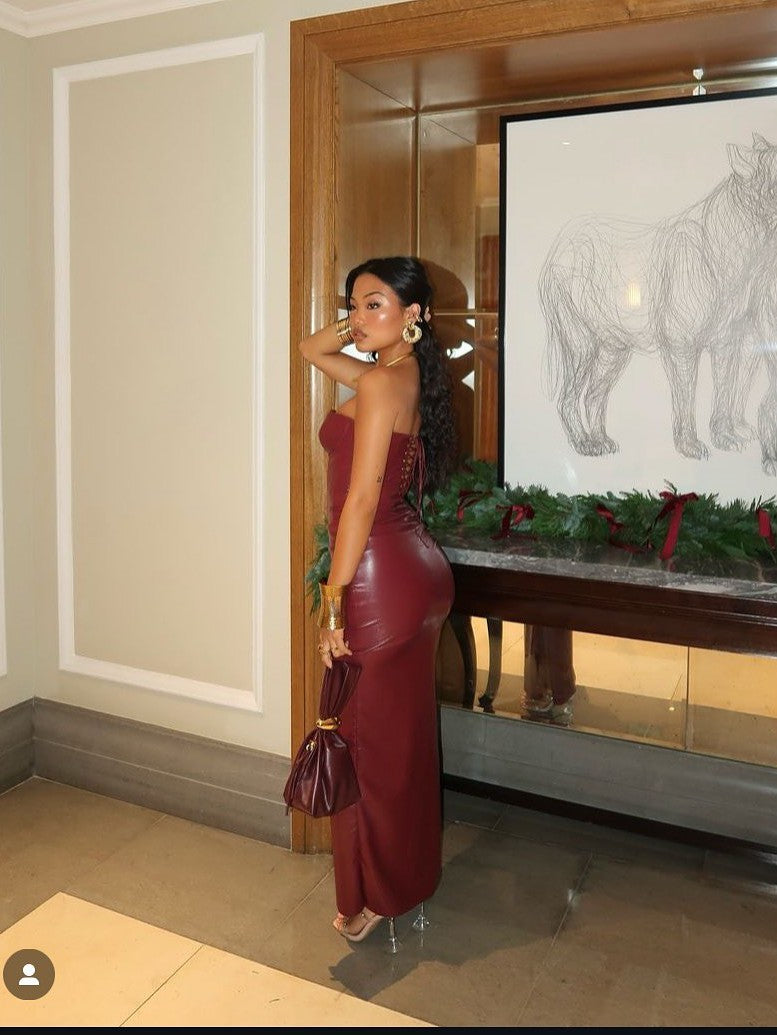 PU Leather Tube Corset Back Lace-up Slit Midi Dress