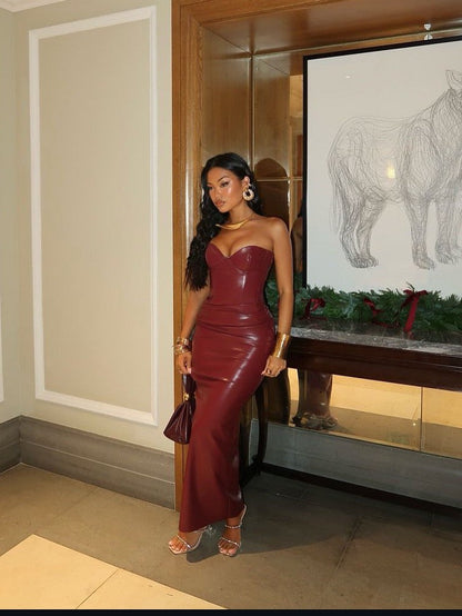 PU Leather Tube Corset Back Lace-up Slit Midi Dress