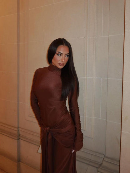 High Collar Knot Full Sleeves Bodycon Maxi Dress