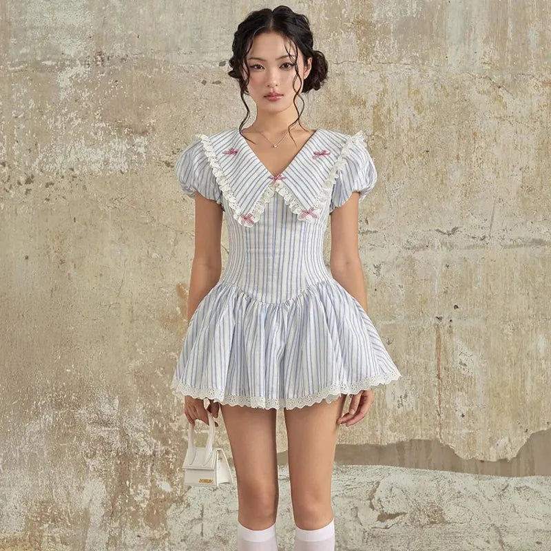 Stripe Eyelet Lace Chelsea Collar Bow Trim Fit and Flare Mini Dress