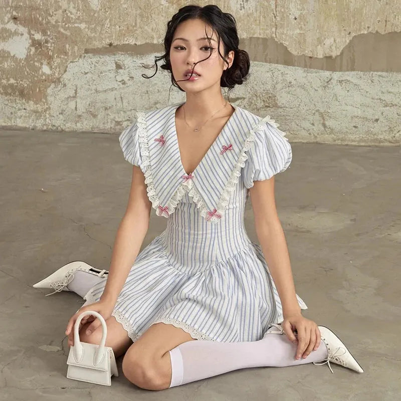 Stripe Eyelet Lace Chelsea Collar Bow Trim Fit and Flare Mini Dress