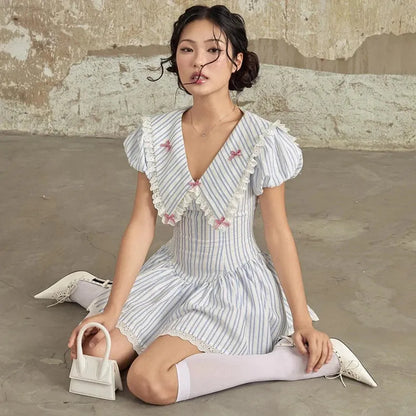 Stripe Eyelet Lace Chelsea Collar Bow Trim Fit and Flare Mini Dress