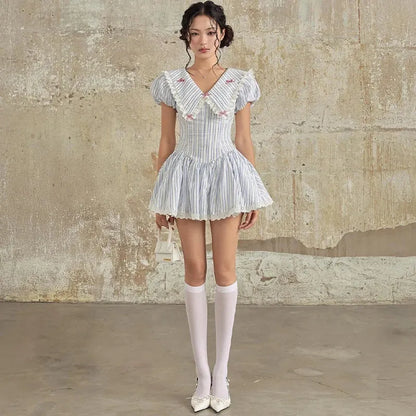 Stripe Eyelet Lace Chelsea Collar Bow Trim Fit and Flare Mini Dress