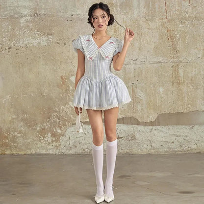 Stripe Eyelet Lace Chelsea Collar Bow Trim Fit and Flare Mini Dress