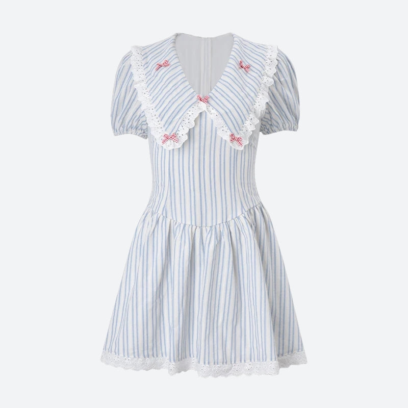 Stripe Eyelet Lace Chelsea Collar Bow Trim Fit and Flare Mini Dress