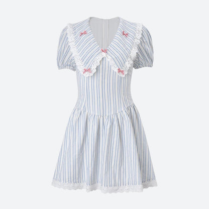 Stripe Eyelet Lace Chelsea Collar Bow Trim Fit and Flare Mini Dress