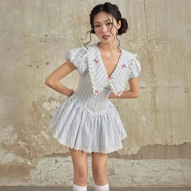Stripe Eyelet Lace Chelsea Collar Bow Trim Fit and Flare Mini Dress
