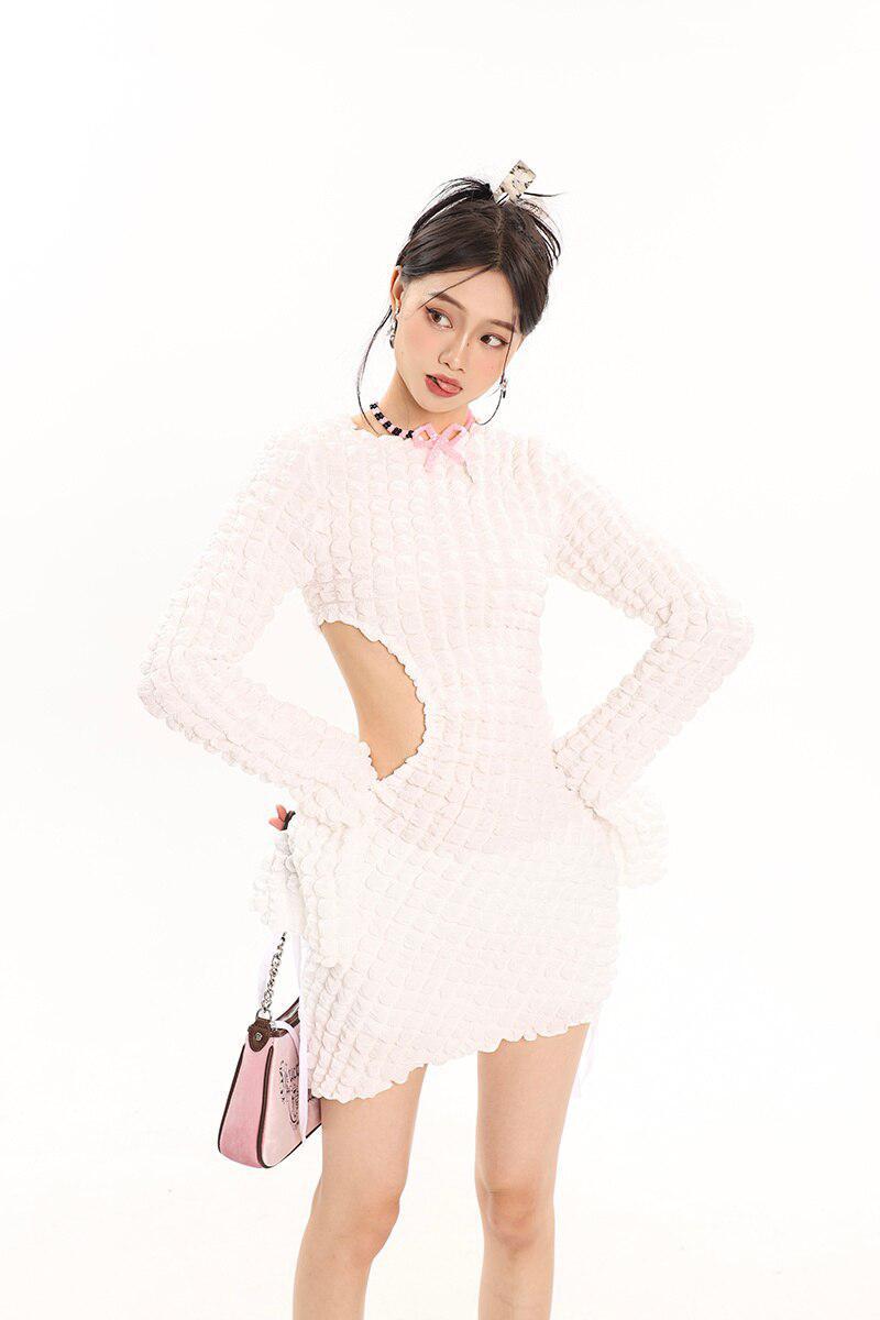 Popcorn Knit Crew Neck Side Cutout Long Sleeve Mini Dress