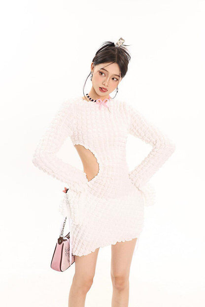 Popcorn Knit Crew Neck Side Cutout Long Sleeve Mini Dress