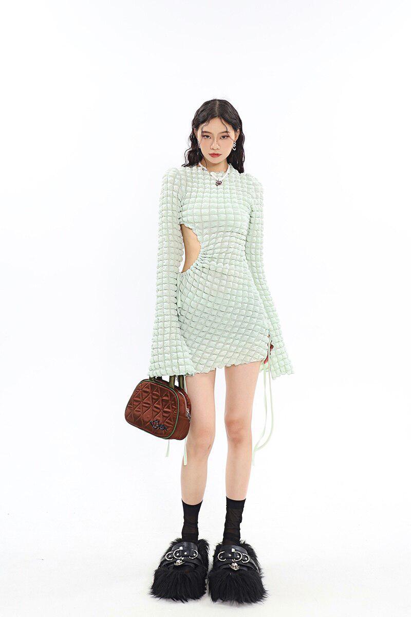 Popcorn Knit Crew Neck Side Cutout Long Sleeve Mini Dress