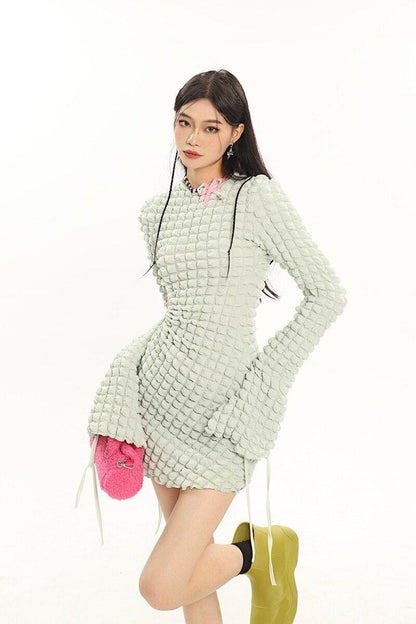 Popcorn Knit Crew Neck Side Cutout Long Sleeve Mini Dress