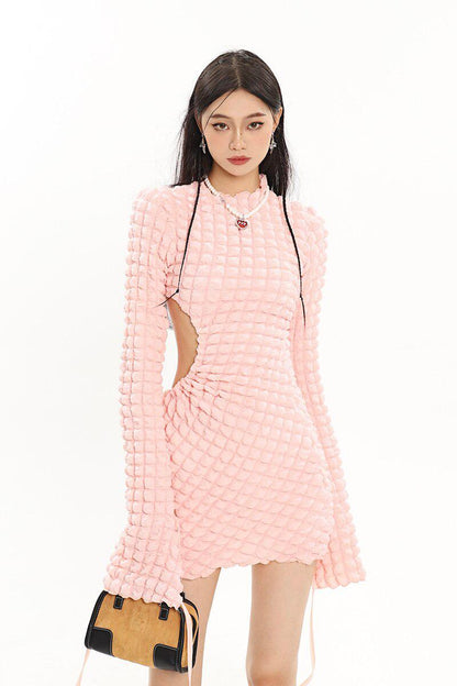Popcorn Knit Crew Neck Side Cutout Long Sleeve Mini Dress