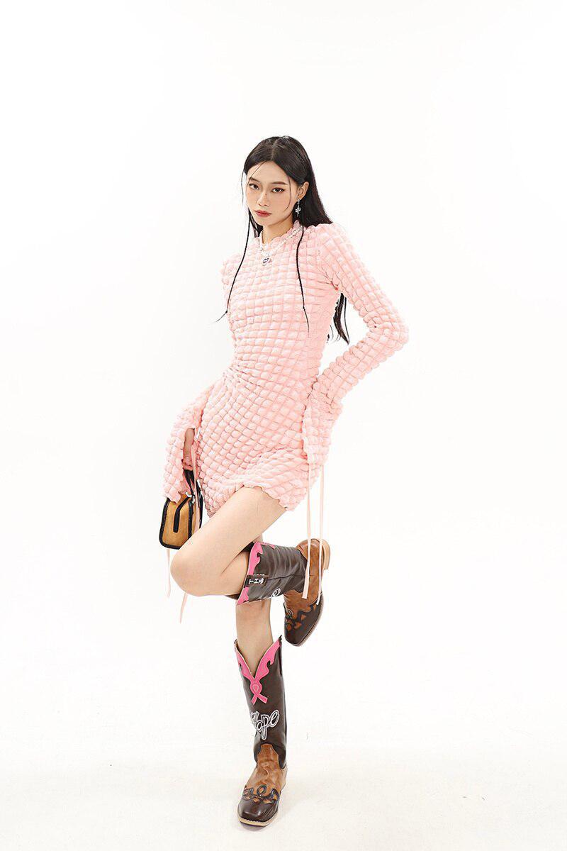 Popcorn Knit Crew Neck Side Cutout Long Sleeve Mini Dress