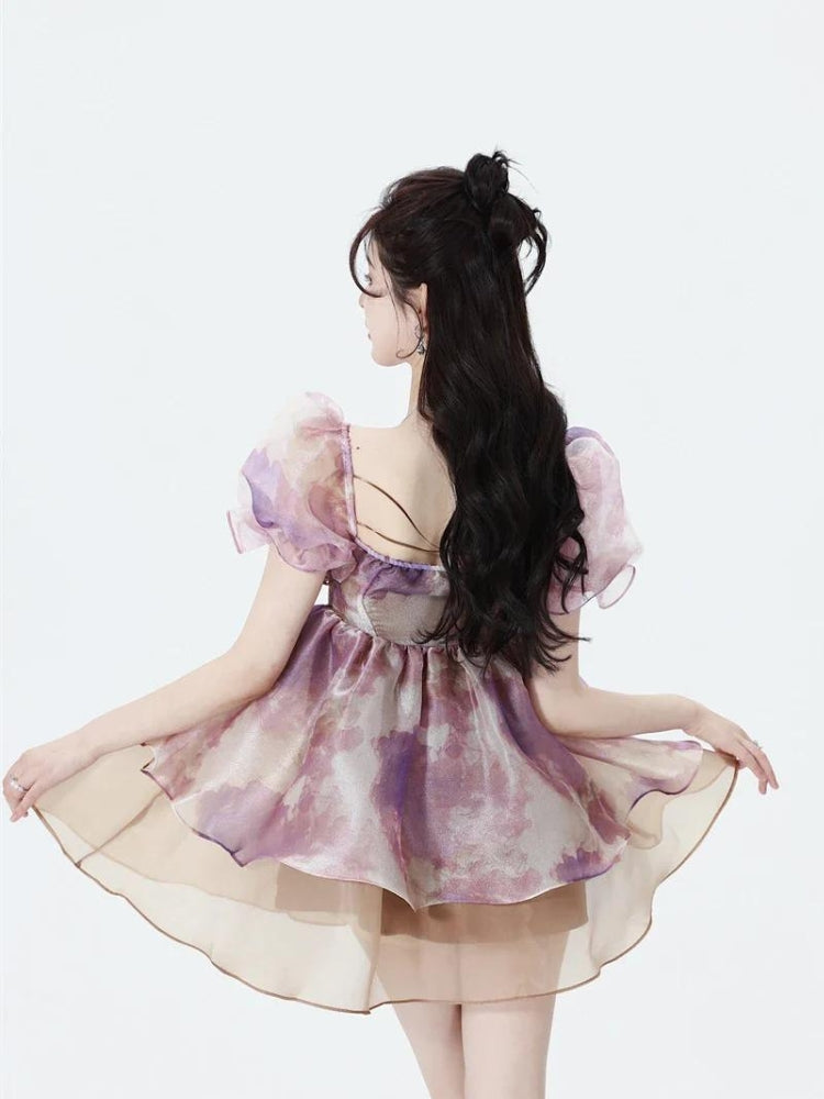 Abstract Print Square Neck Puff Sleeve Tiered Babydoll Mini Dress