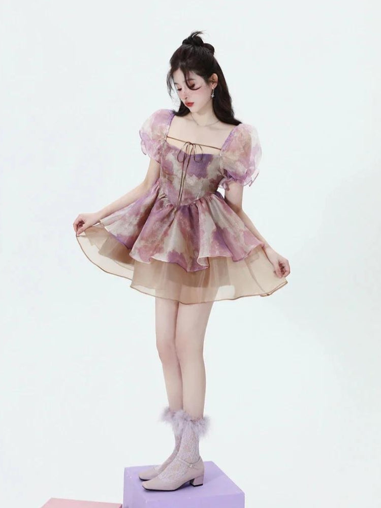 Abstract Print Square Neck Puff Sleeve Tiered Babydoll Mini Dress