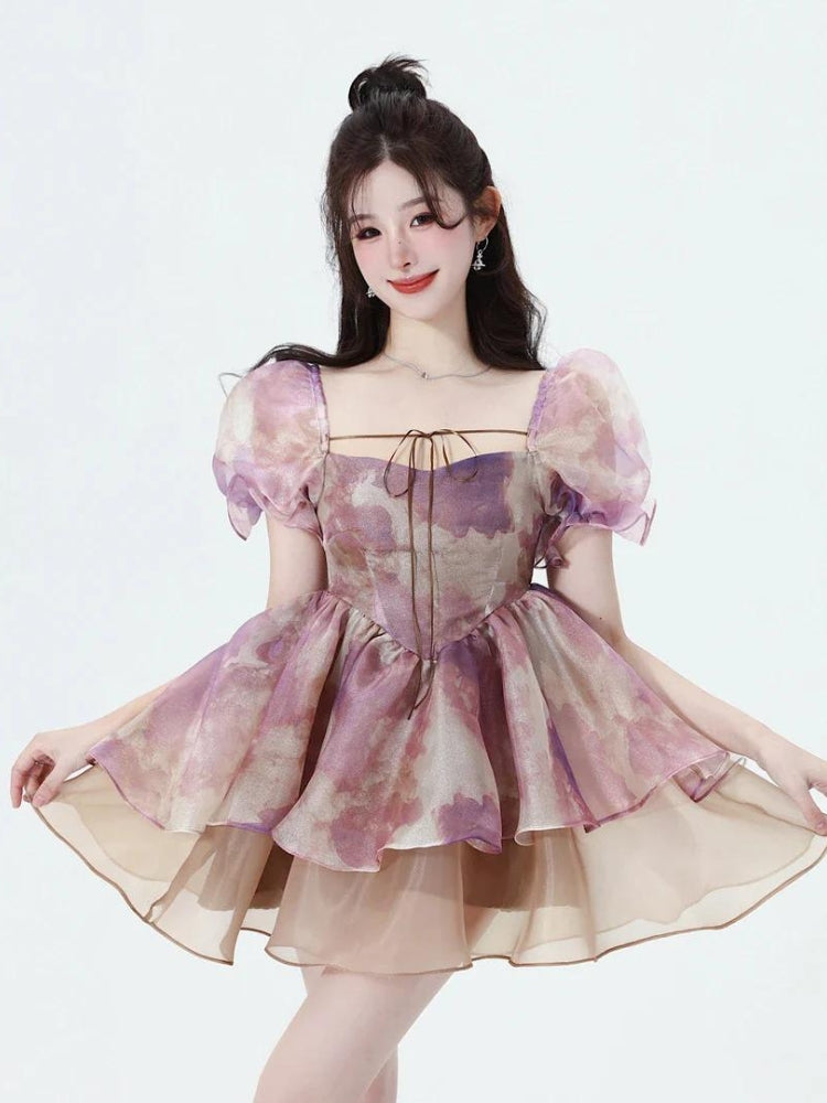 Abstract Print Square Neck Puff Sleeve Tiered Babydoll Mini Dress