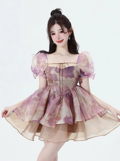 Abstract Print Square Neck Puff Sleeve Tiered Babydoll Mini Dress