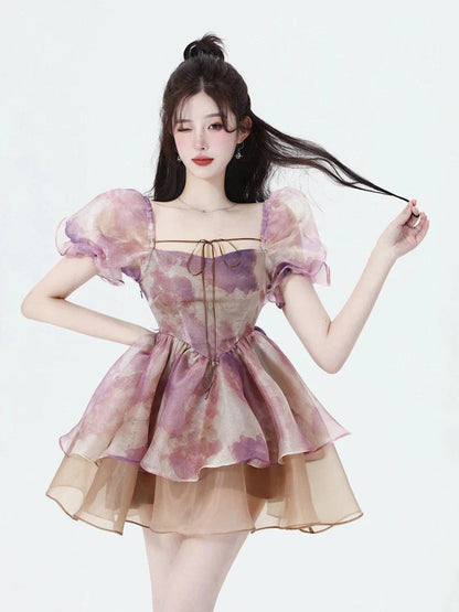 Abstract Print Square Neck Puff Sleeve Tiered Babydoll Mini Dress