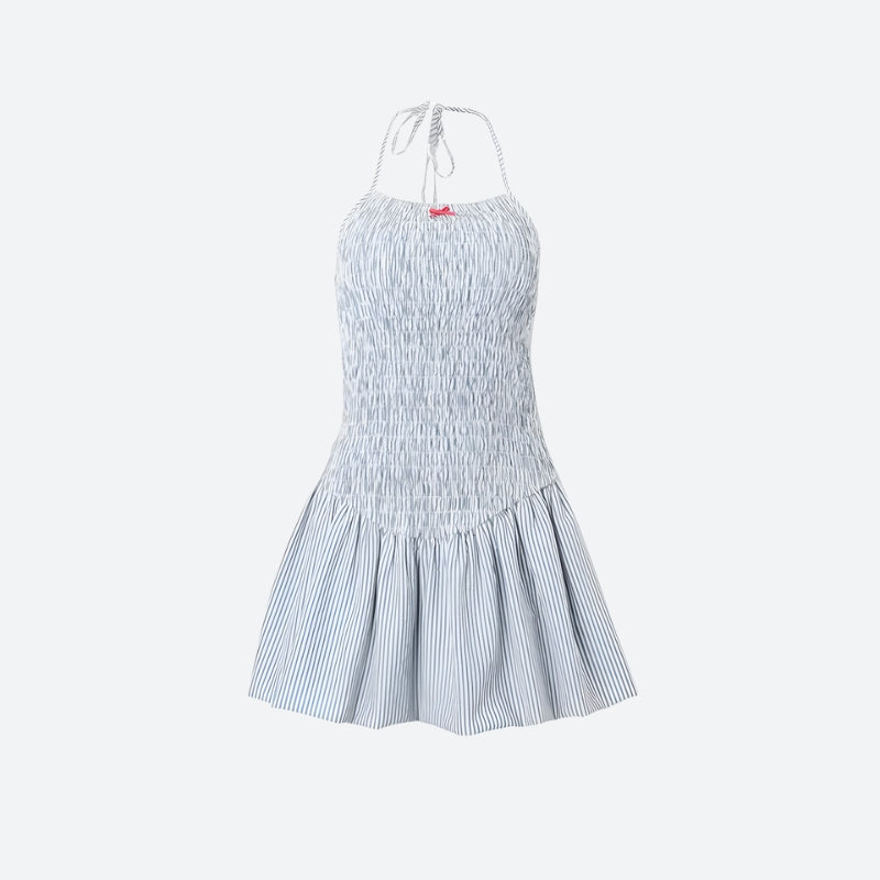 Halter Neck Smocked Bow Stripe Ruched Flare Mini Dress