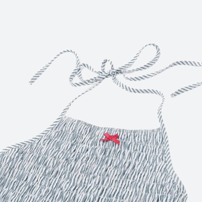 Halter Neck Smocked Bow Stripe Ruched Flare Mini Dress