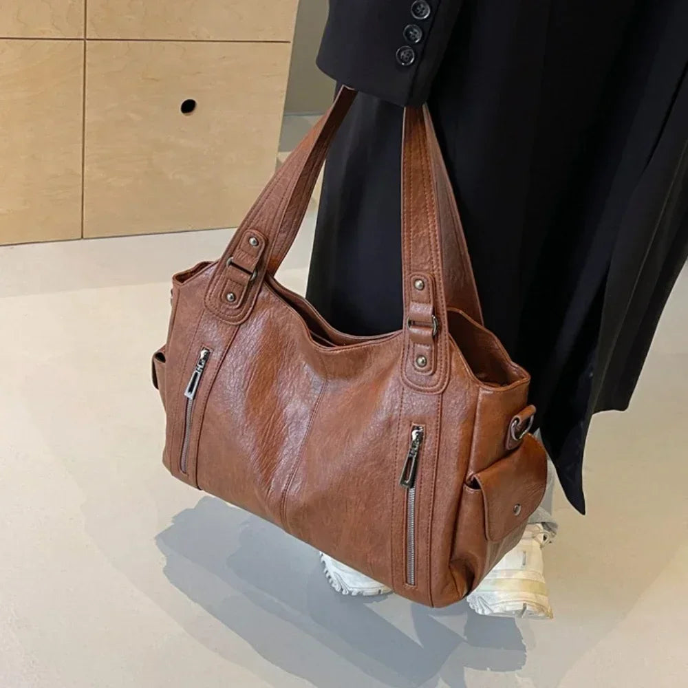 Contrasting Color High-Quality Zipper Shoulder Bag