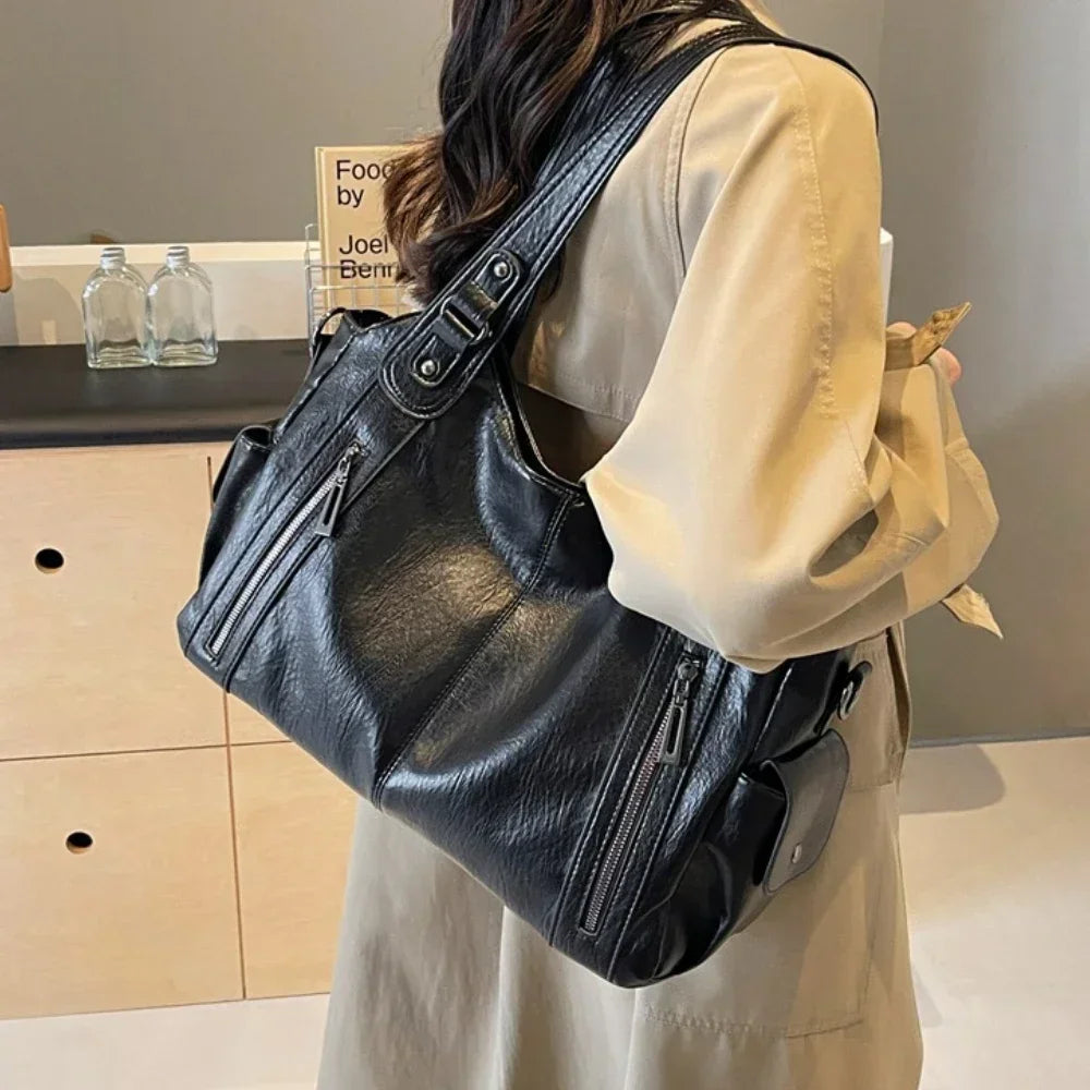 Contrasting Color High-Quality Zipper Shoulder Bag