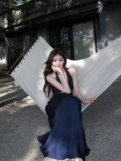 French Blue Halter Maxi Dress Elegant V-Neck Cutout Bow-Tie Backless Beach Dress