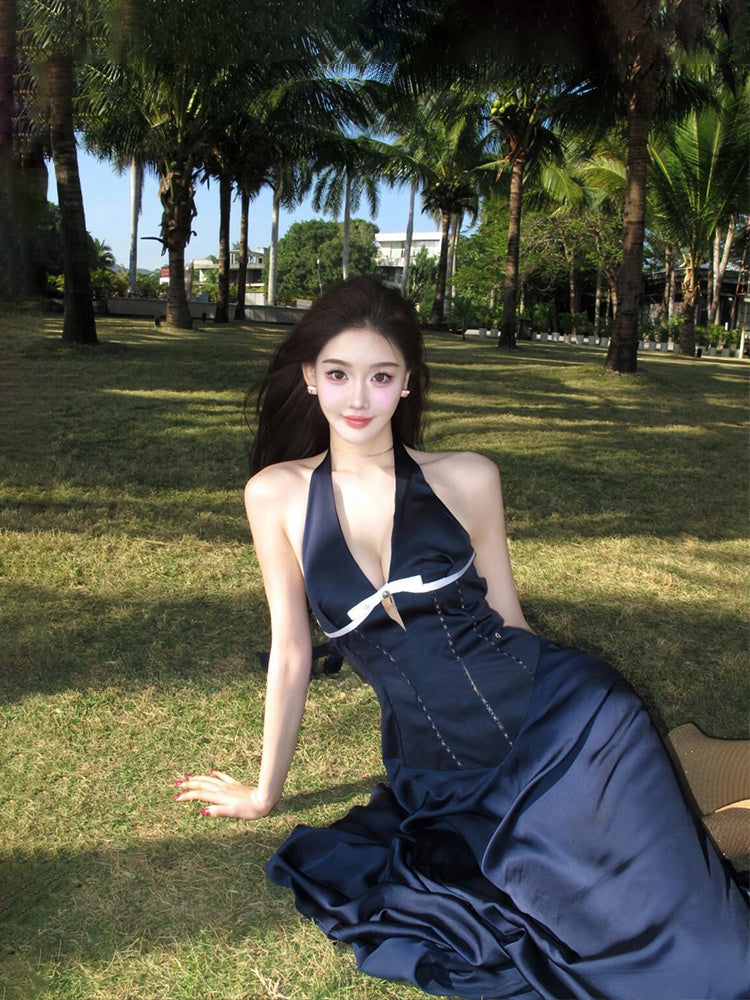 French Blue Halter Maxi Dress Elegant V-Neck Cutout Bow-Tie Backless Beach Dress