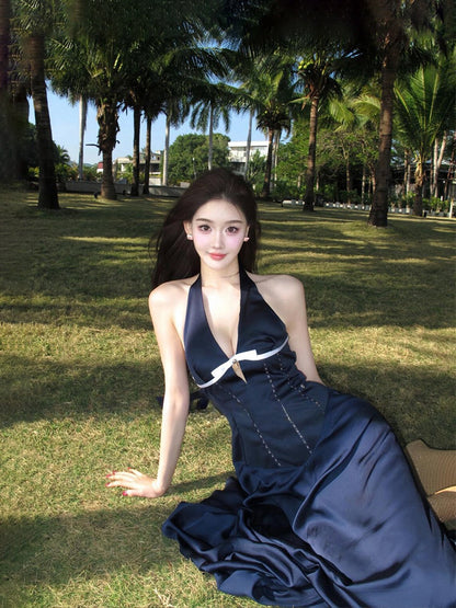 French Blue Halter Maxi Dress Elegant V-Neck Cutout Bow-Tie Backless Beach Dress