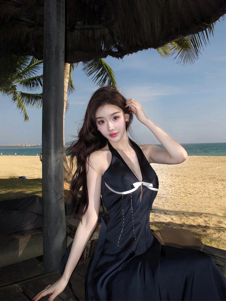 French Blue Halter Maxi Dress Elegant V-Neck Cutout Bow-Tie Backless Beach Dress