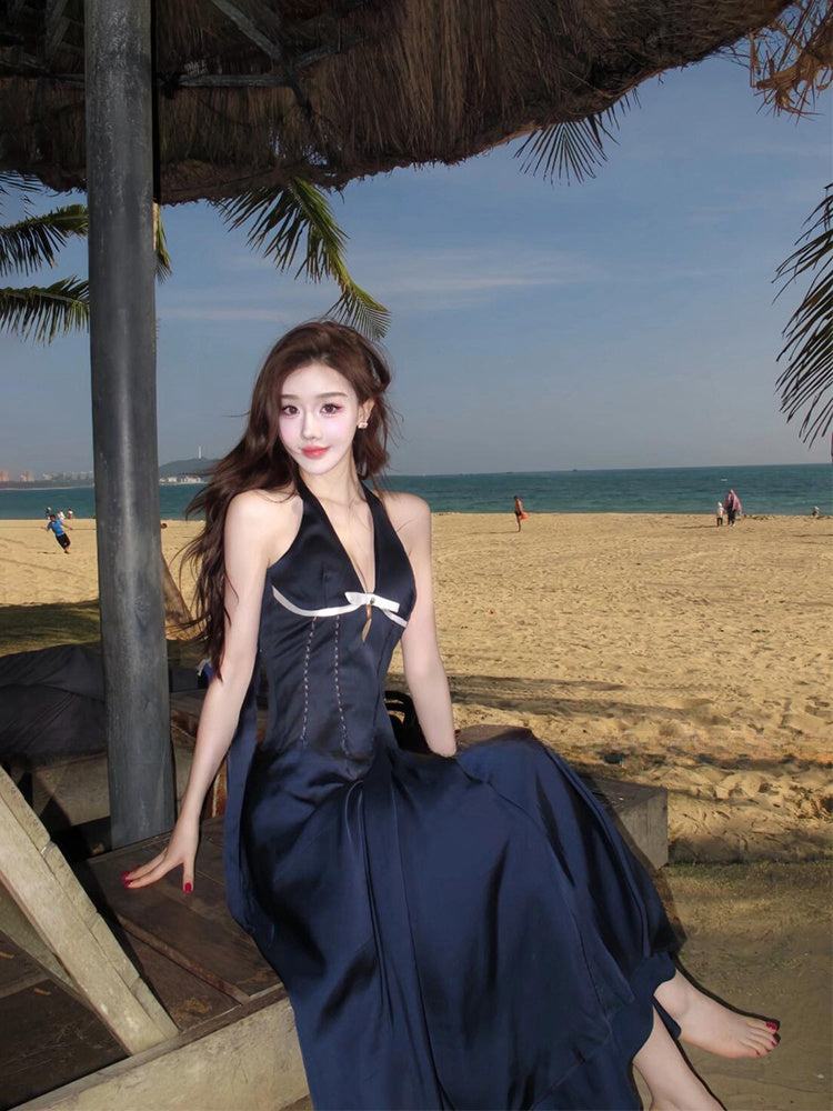 French Blue Halter Maxi Dress Elegant V-Neck Cutout Bow-Tie Backless Beach Dress