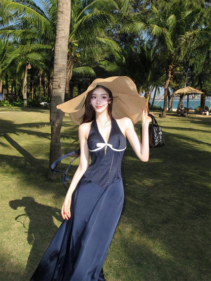 French Blue Halter Maxi Dress Elegant V-Neck Cutout Bow-Tie Backless Beach Dress
