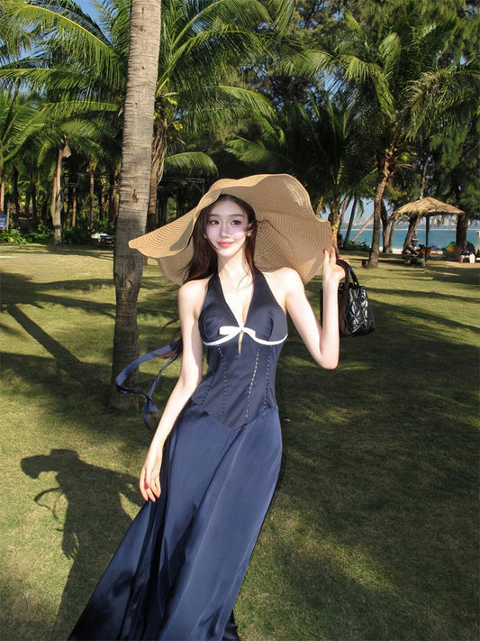 French Blue Halter Maxi Dress Elegant V-Neck Cutout Bow-Tie Backless Beach Dress