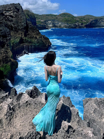 Soft Green Butterfly Print Sheer Mermaid Dress Romantic & Dreamy Fit