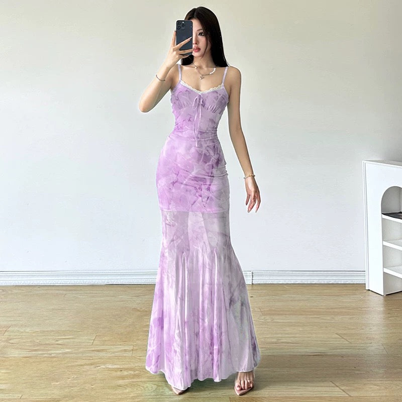 Soft Green Butterfly Print Sheer Mermaid Dress Romantic & Dreamy Fit