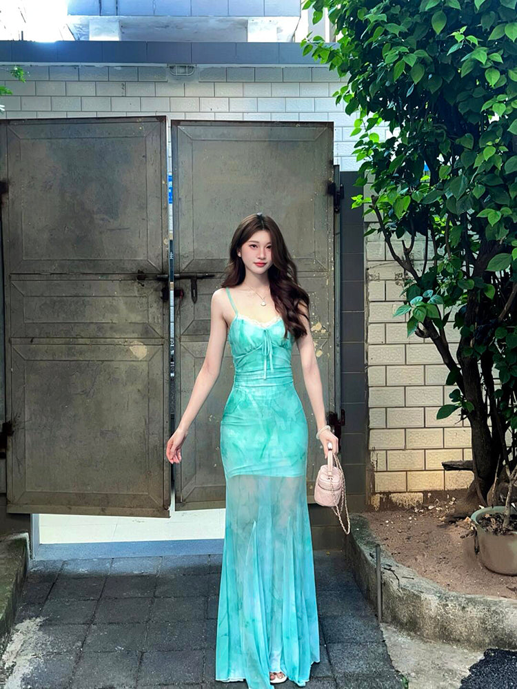 Soft Green Butterfly Print Sheer Mermaid Dress Romantic & Dreamy Fit