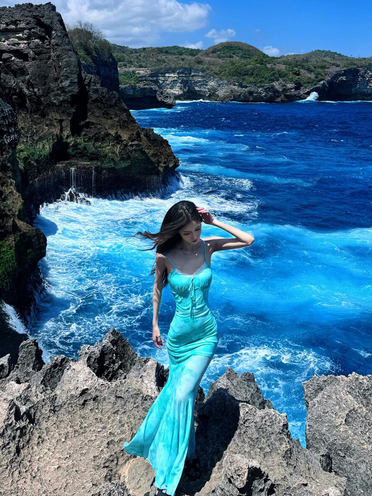 Soft Green Butterfly Print Sheer Mermaid Dress Romantic & Dreamy Fit
