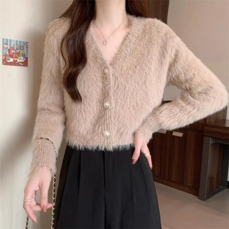 Lantern Sleeve V-Neck Solid Button-Up Knit Cardigan Coat