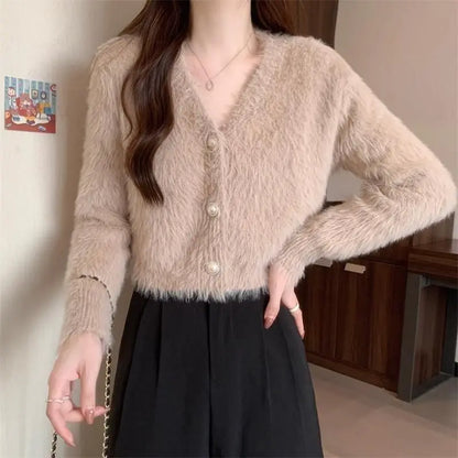 Lantern Sleeve V-Neck Solid Button-Up Knit Cardigan Coat